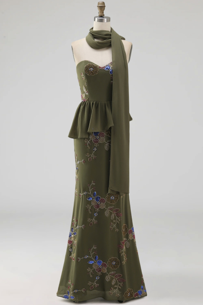 Sparkly Olive Floral Sweetheart Beaded Long Formal Dress