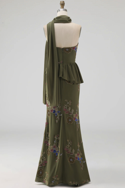 Sparkly Olive Floral Sweetheart Beaded Long Formal Dress