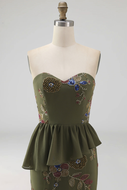 Sparkly Olive Floral Sweetheart Beaded Long Formal Dress