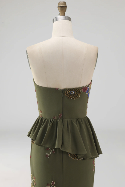 Sparkly Olive Floral Sweetheart Beaded Long Formal Dress