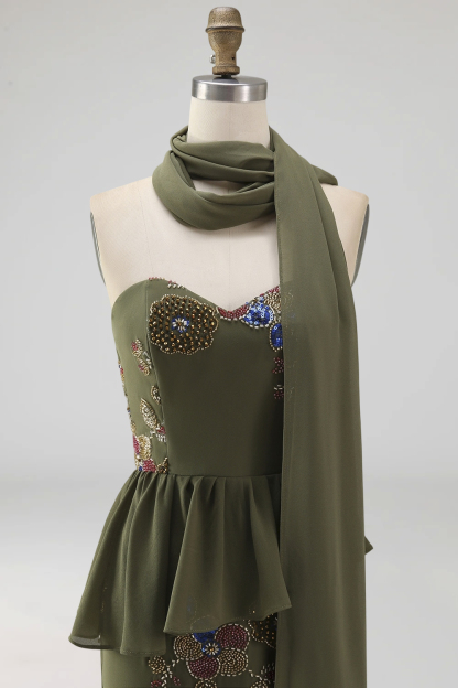 Sparkly Olive Floral Sweetheart Beaded Long Formal Dress
