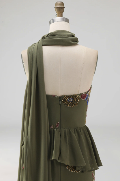 Sparkly Olive Floral Sweetheart Beaded Long Formal Dress