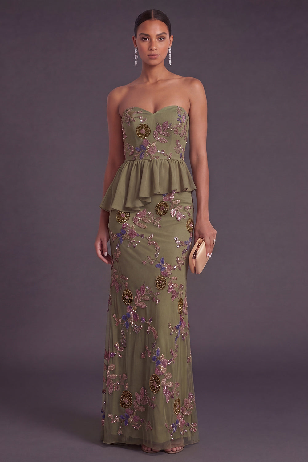 Sparkly Olive Floral Sweetheart Beaded Long Formal Dress