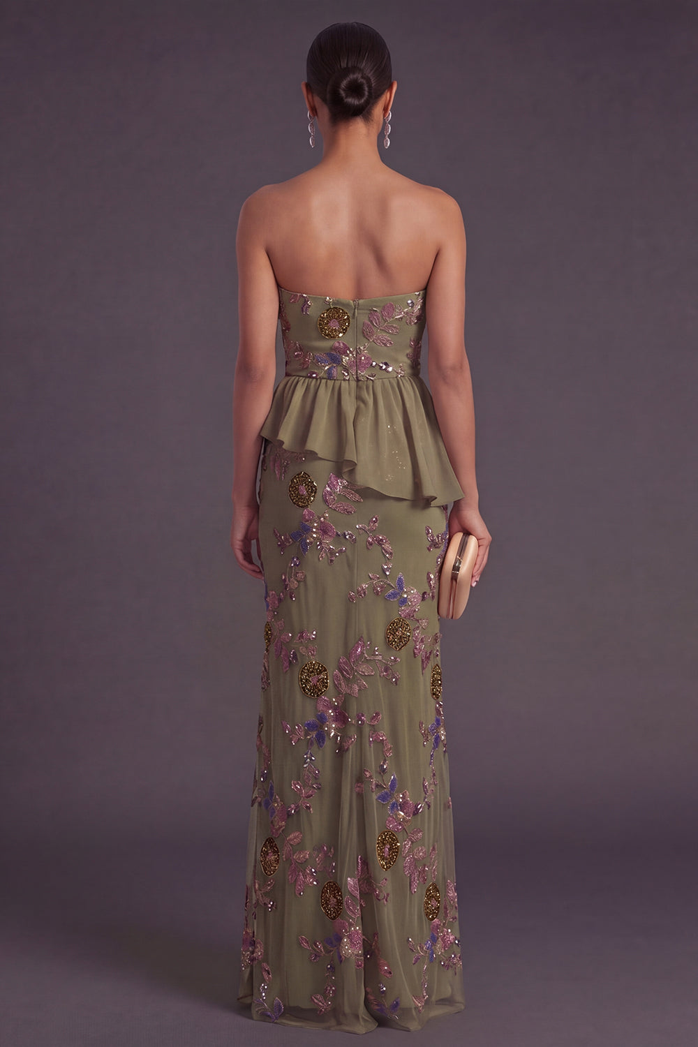 Sparkly Olive Floral Sweetheart Beaded Long Formal Dress