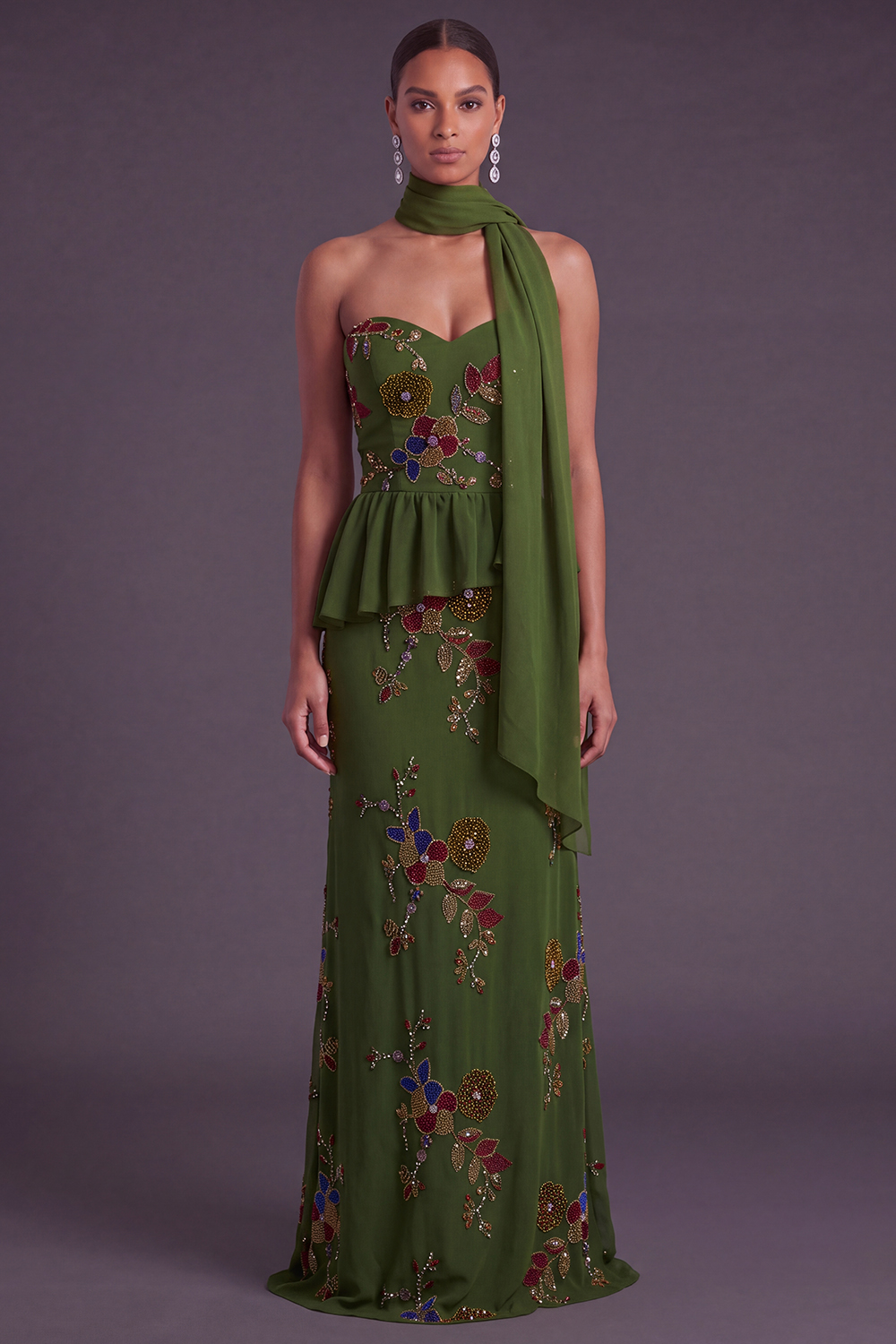 Sparkly Olive Floral Sweetheart Beaded Long Formal Dress
