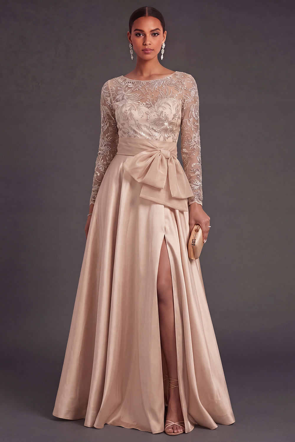 Champagne A Line Floral Illusion Neck Long Formal Dress with Slit