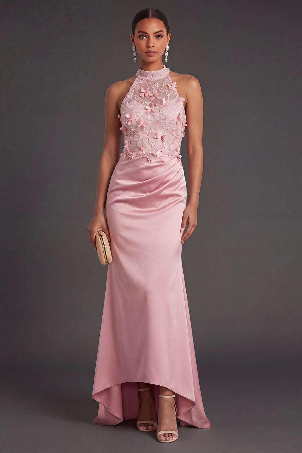 Pink Floral Mermaid Appliqued Ruched High Low Formal Dress