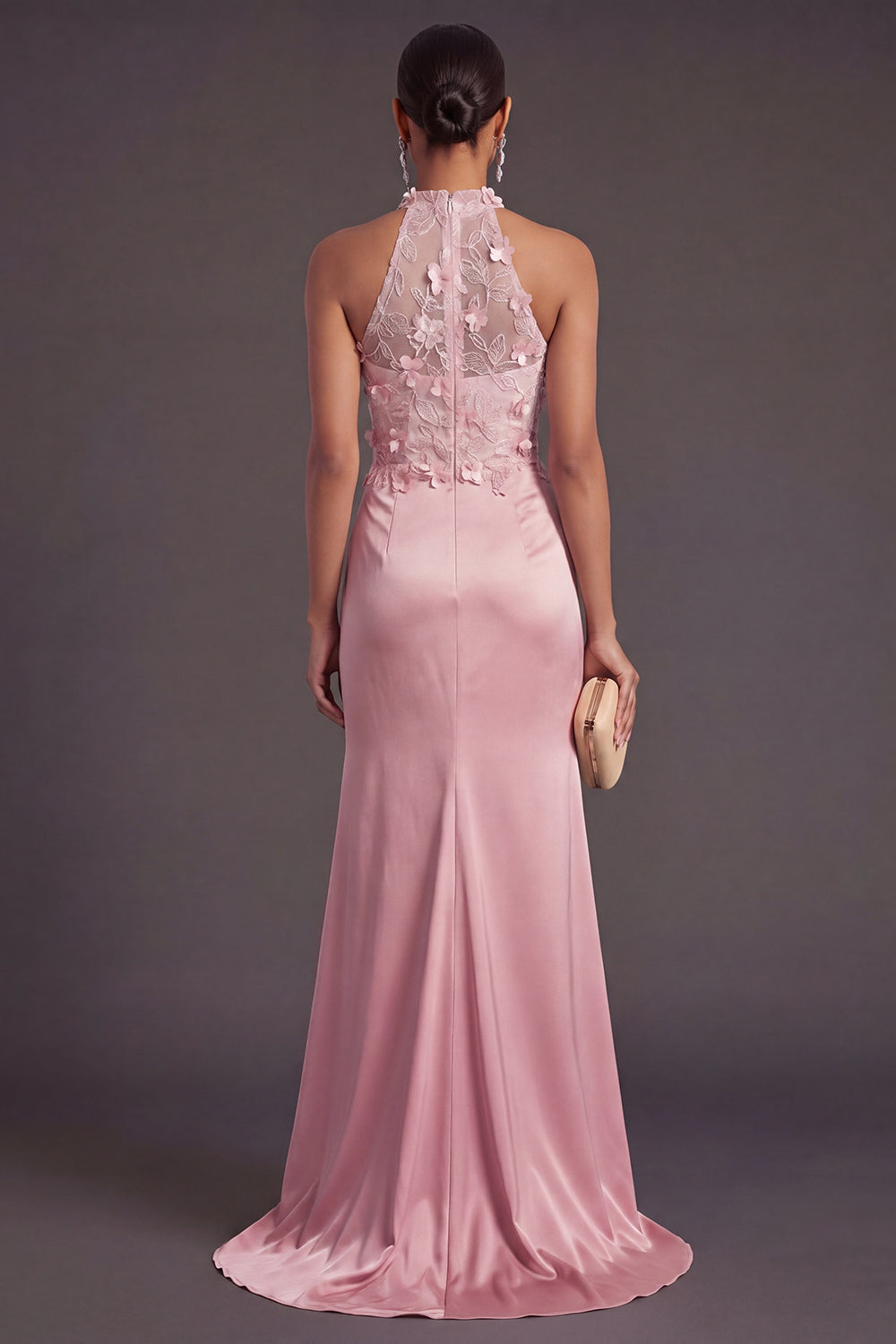 Pink Floral Mermaid Appliqued Ruched High Low Formal Dress