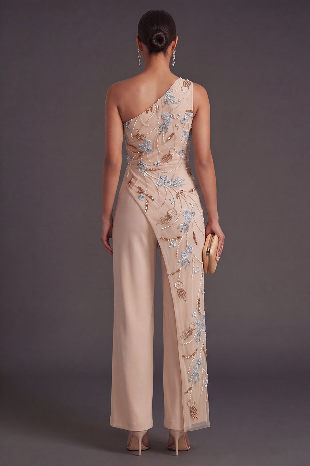 Champagne Floral One Shoulder Long Formal Jumpsuit