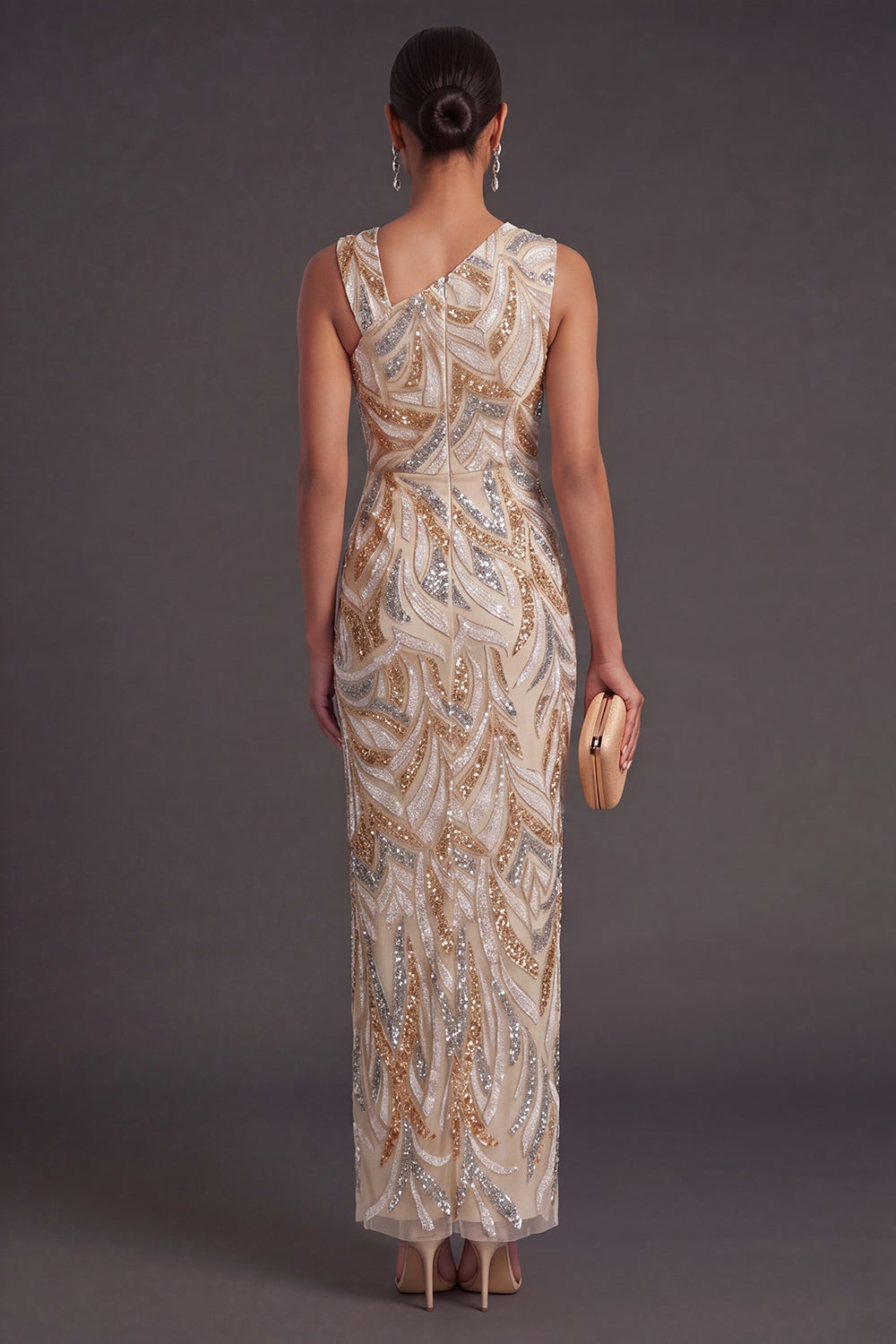 Sheath Champagne Floral One Shoulder Long Formal Dress with Slit