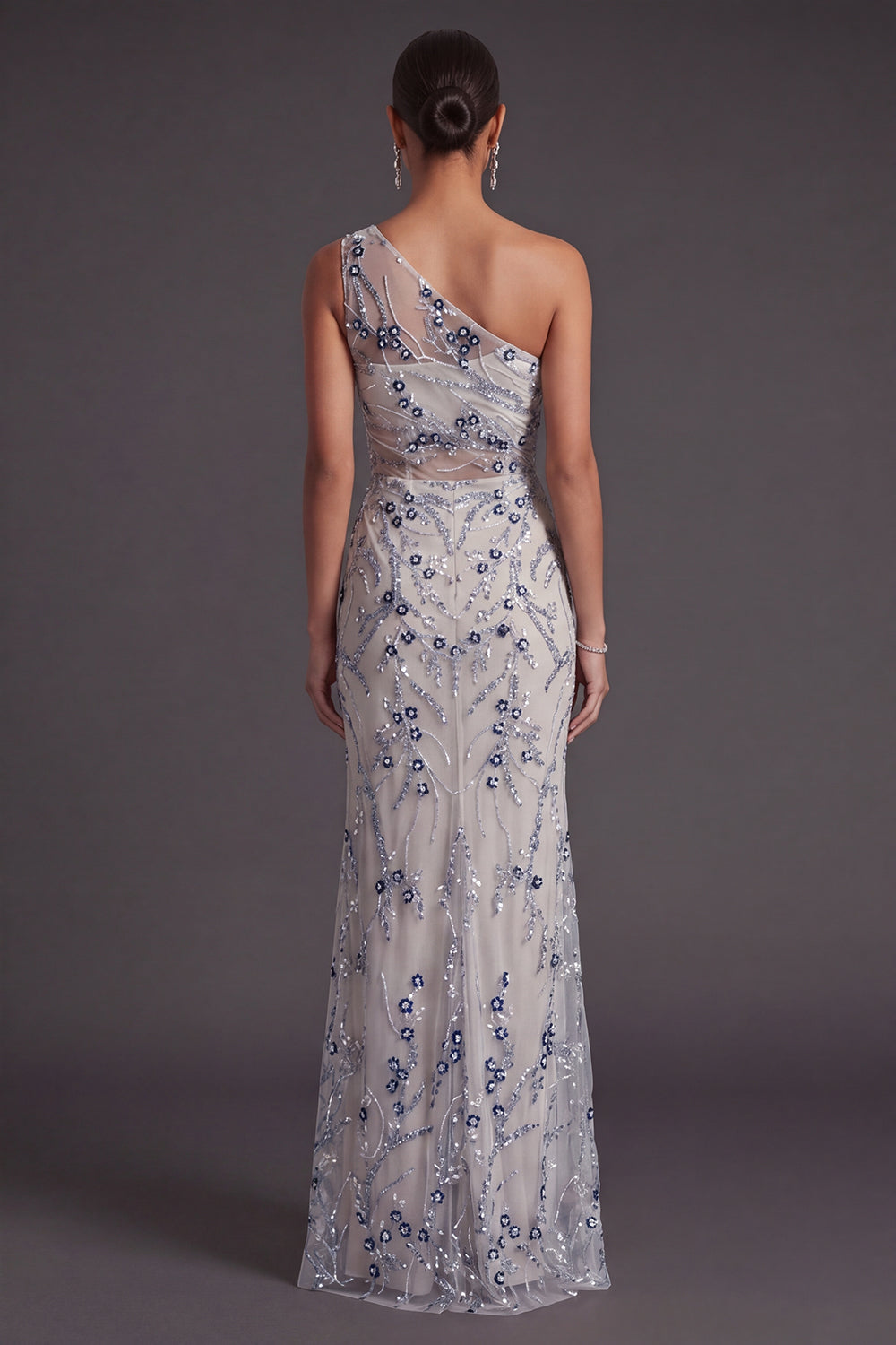Light Blue Mermaid Floral Sequined Long Formal Dress with Slit