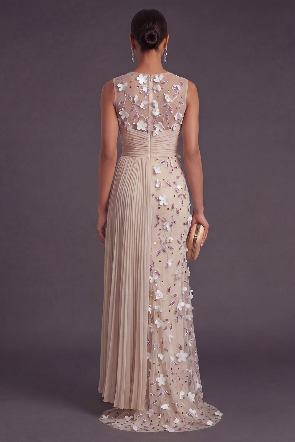 Apricot Floral Mermaid Pleated Appliqued Long Formal Dress