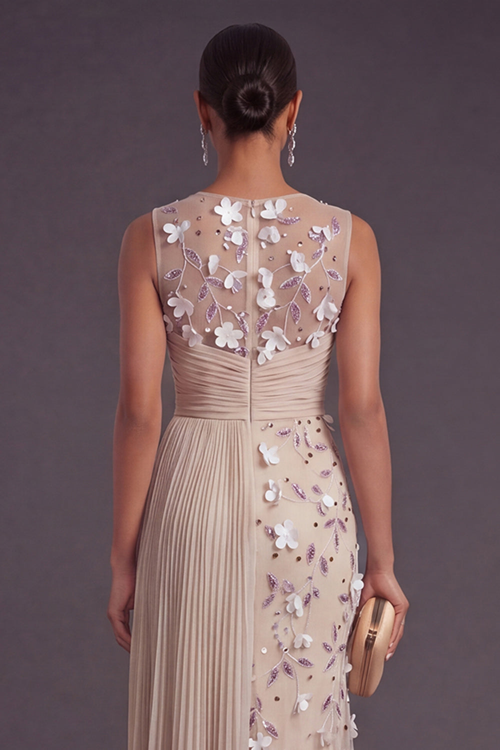 Apricot Floral Mermaid Pleated Appliqued Long Formal Dress
