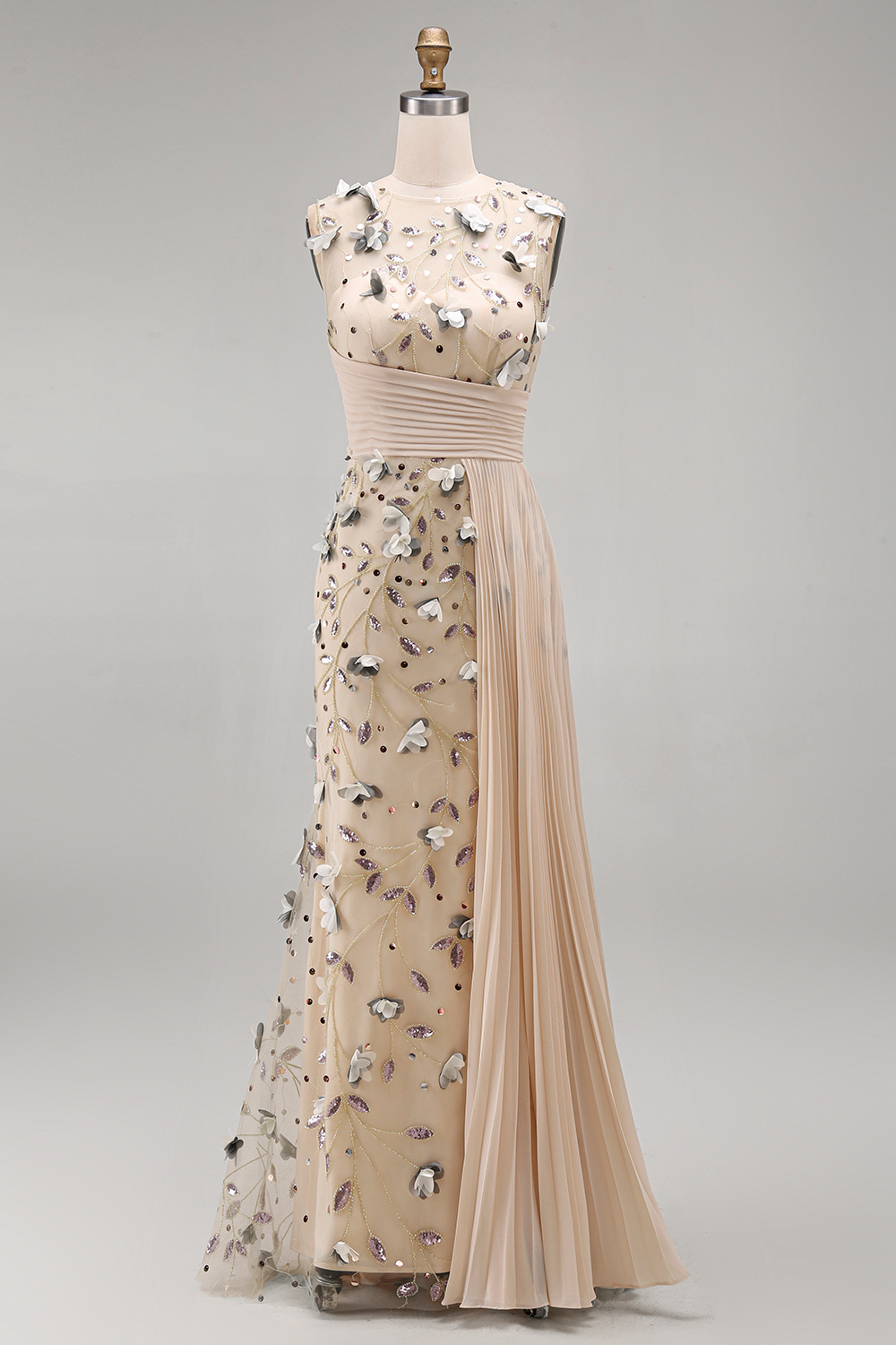 Apricot Floral Mermaid Pleated Appliqued Long Formal Dress