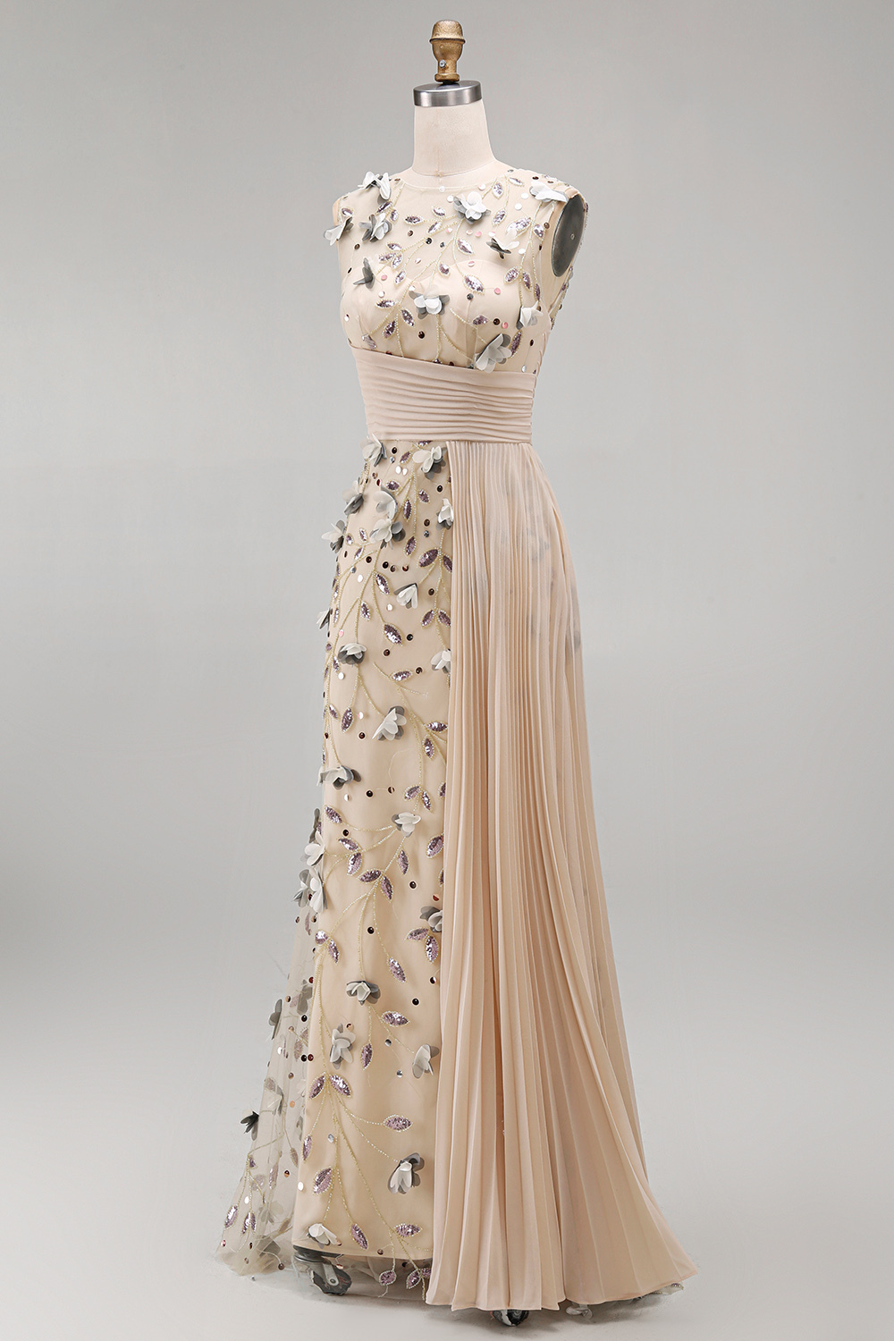 Apricot Floral Mermaid Pleated Appliqued Long Formal Dress
