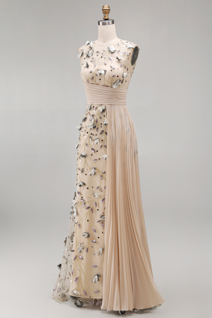 Apricot Floral Mermaid Pleated Appliqued Long Formal Dress