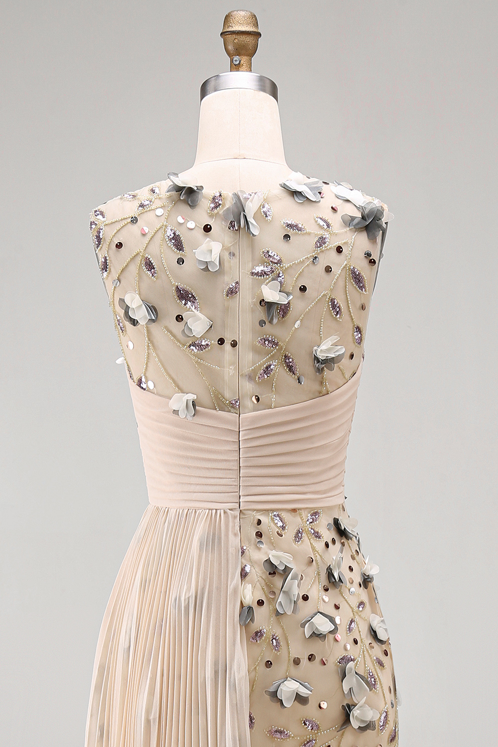 Apricot Floral Mermaid Pleated Appliqued Long Formal Dress