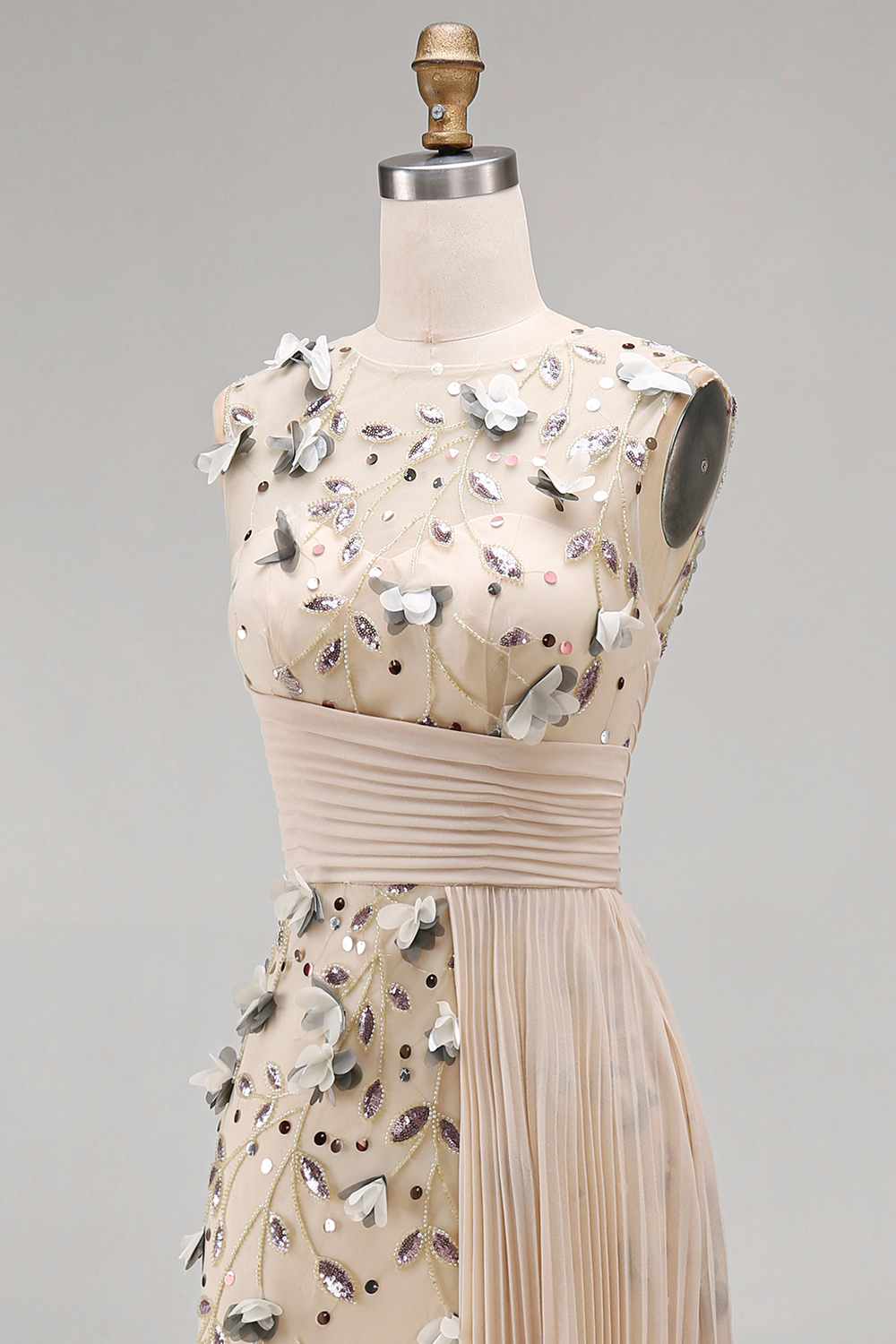 Apricot Floral Mermaid Pleated Appliqued Long Formal Dress