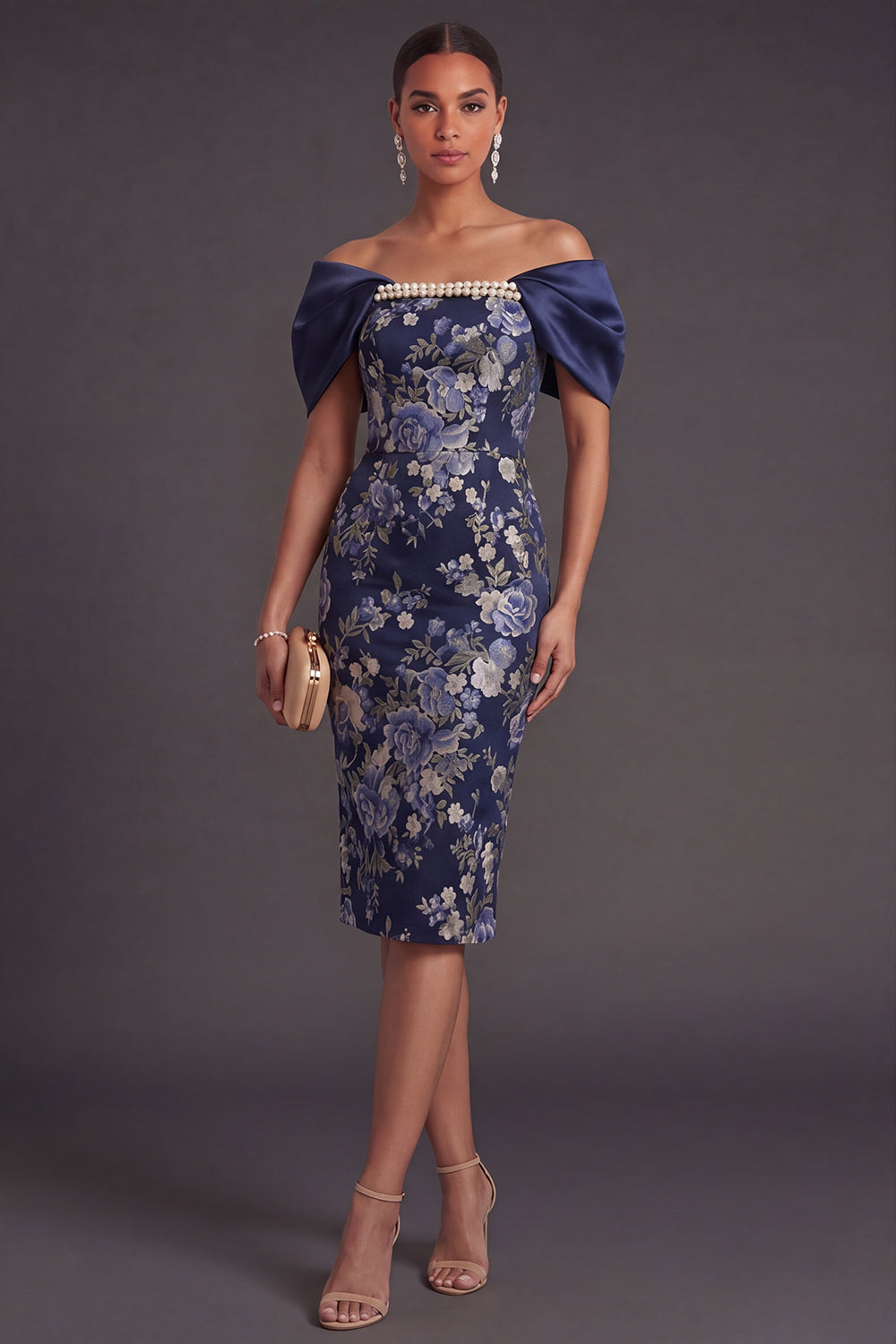 Navy Off the Shoulder Floral Sheath Midi Wedding Guest Dress