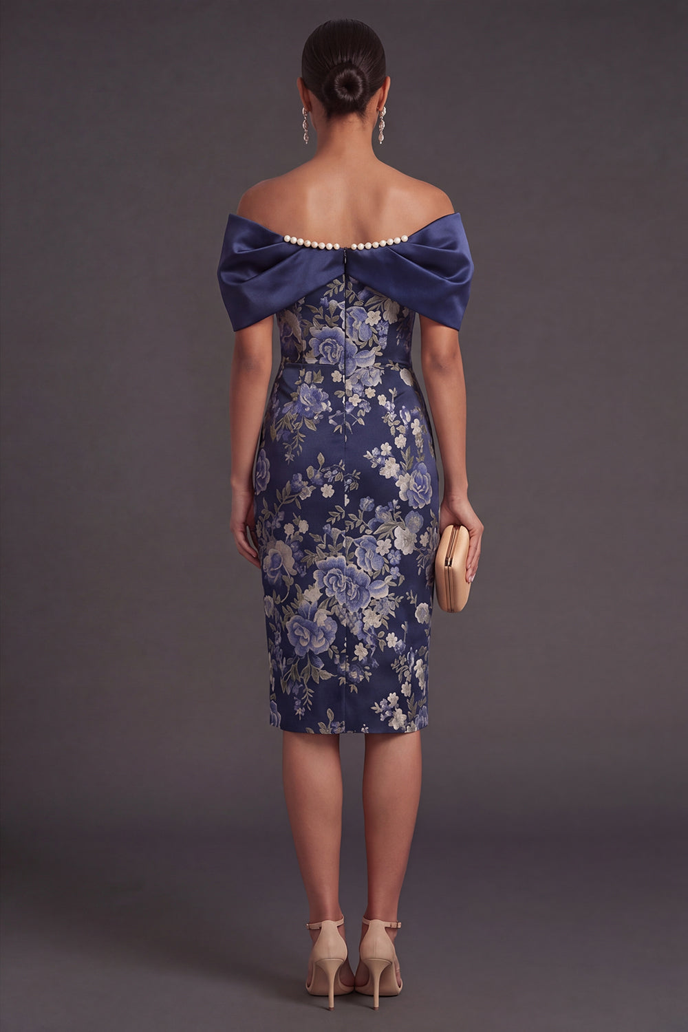 Navy Off the Shoulder Floral Sheath Midi Wedding Guest Dress