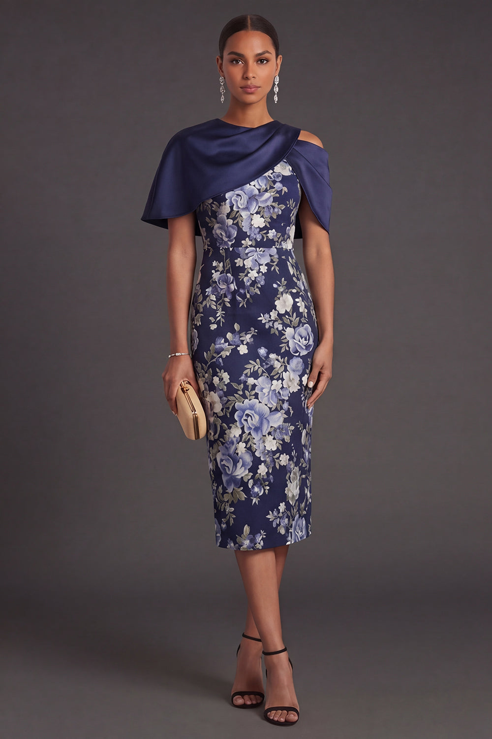 Navy Floral Sheath Midi Wedding Guest Dress with Cape