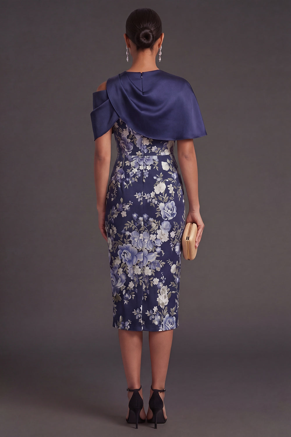 Navy Floral Sheath Midi Wedding Guest Dress with Cape