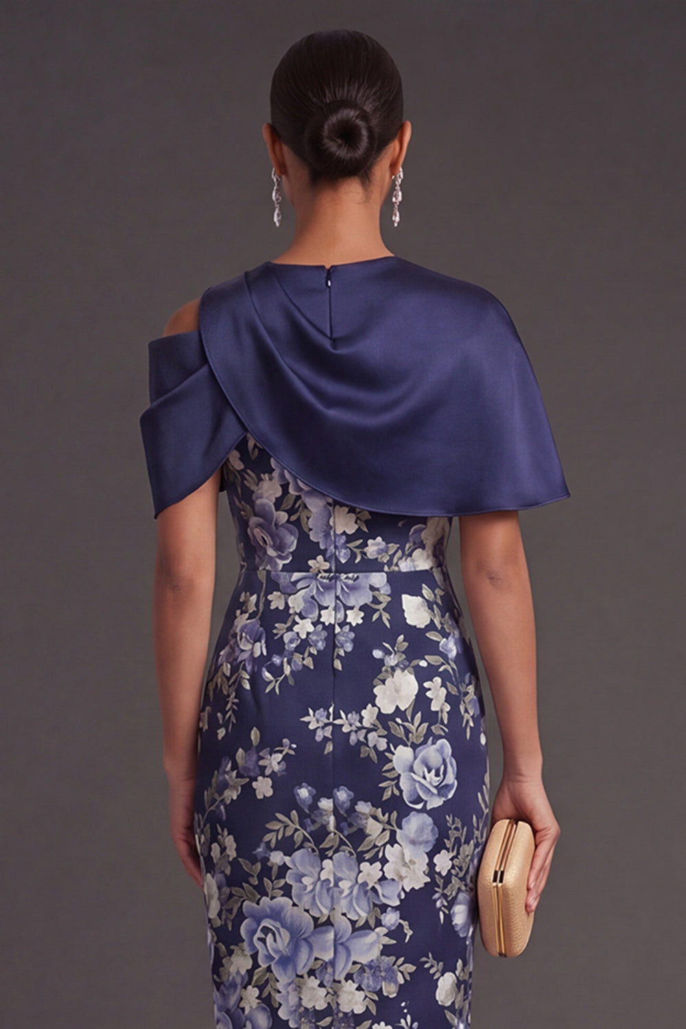 Navy Floral Sheath Midi Wedding Guest Dress with Cape