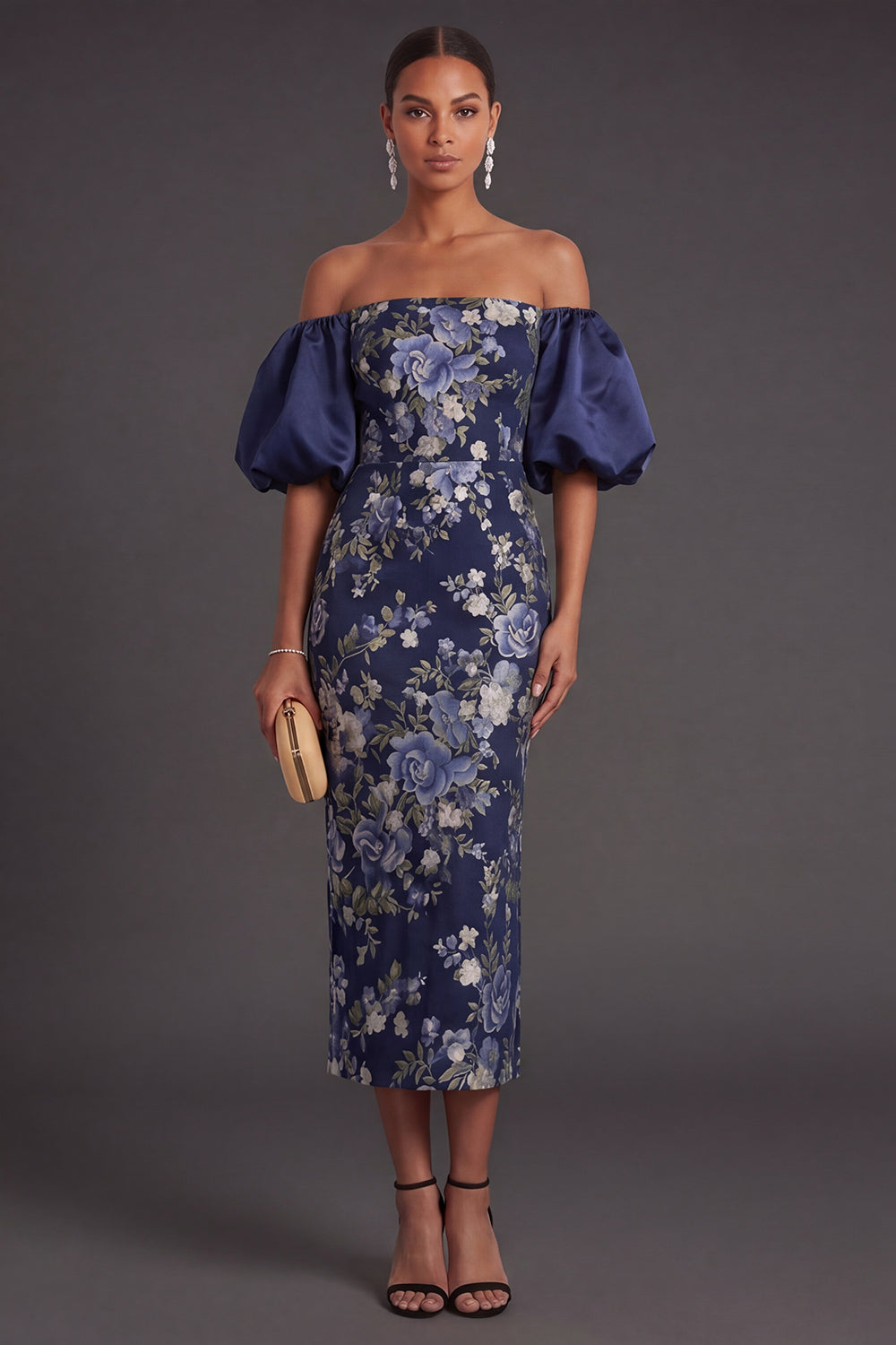 Puff Sleeves Navy Sheath Long Wedding Guest Dress