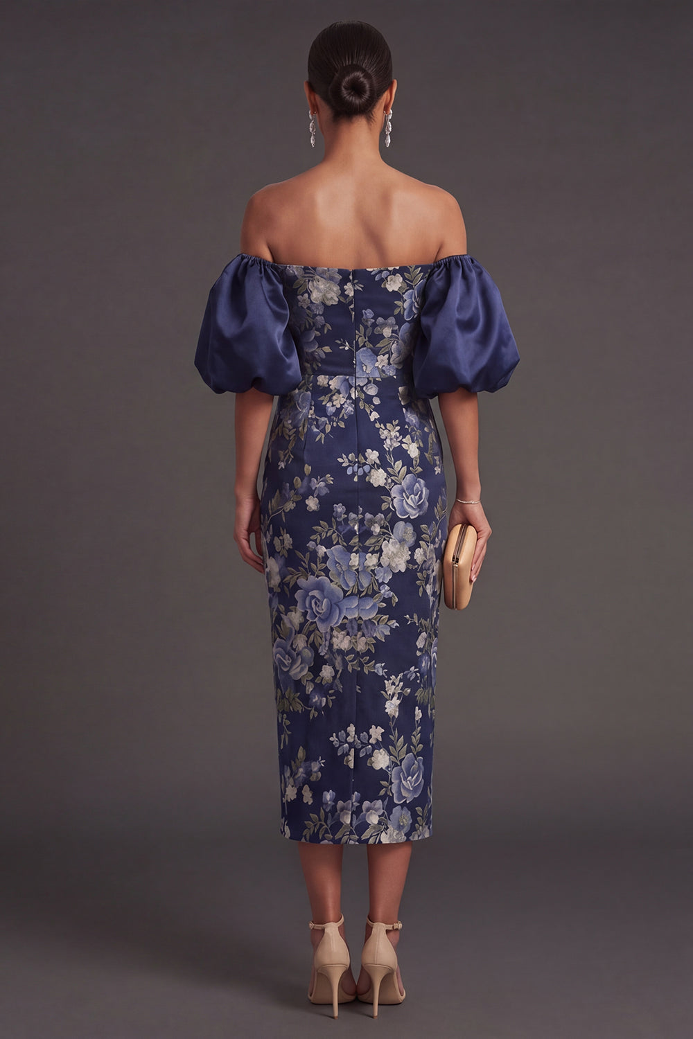 Puff Sleeves Navy Sheath Long Wedding Guest Dress