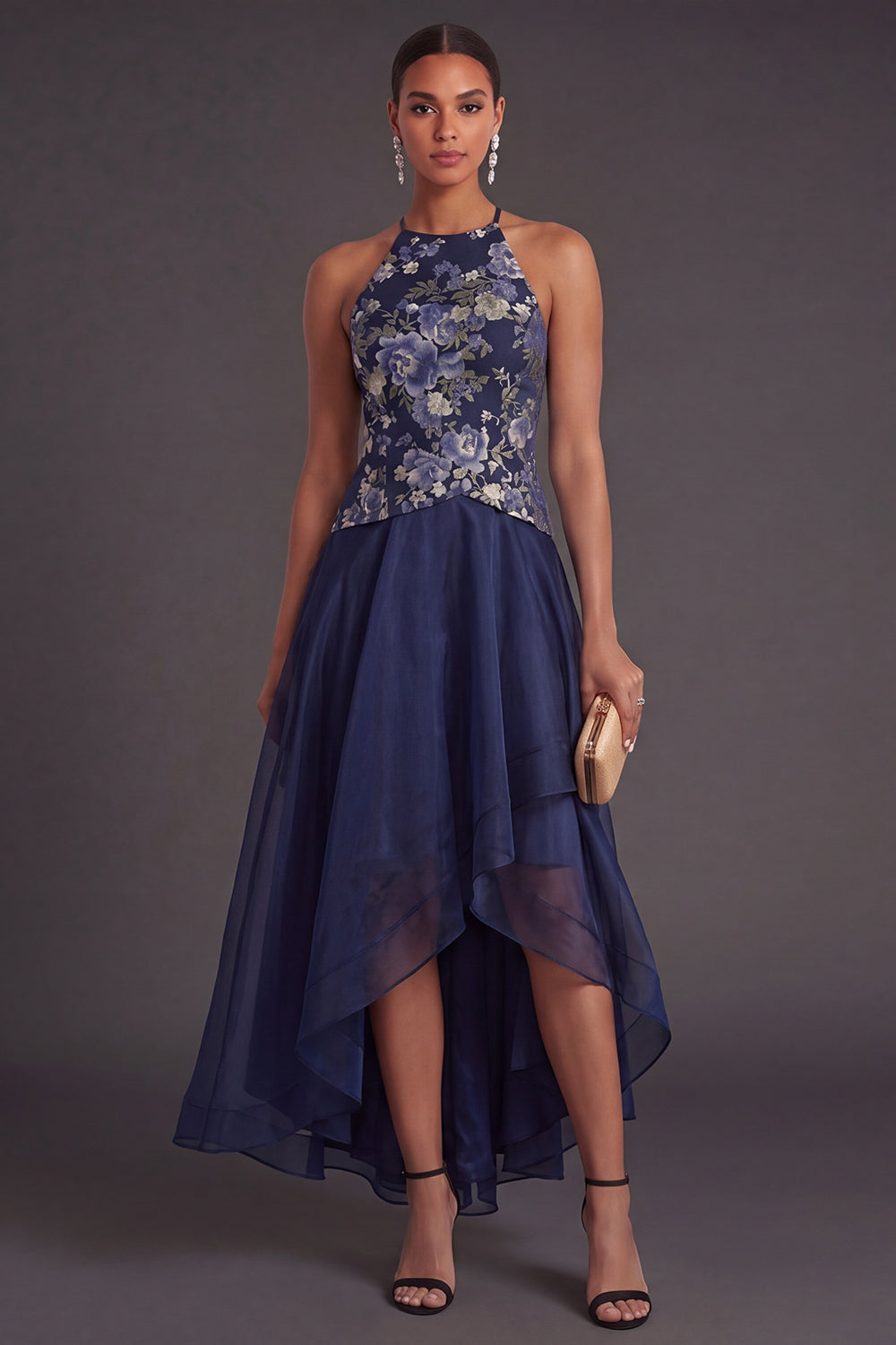 A Line Halter Neck Navy Floral High Low Wedding Guest Dress
