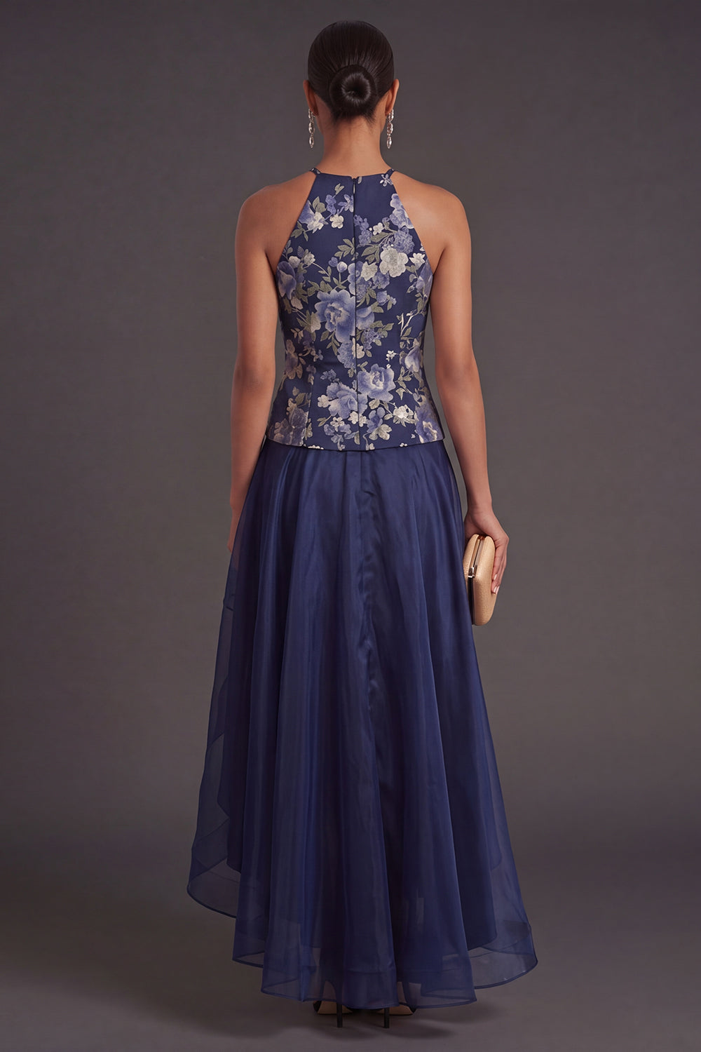 A Line Halter Neck Navy Floral High Low Wedding Guest Dress