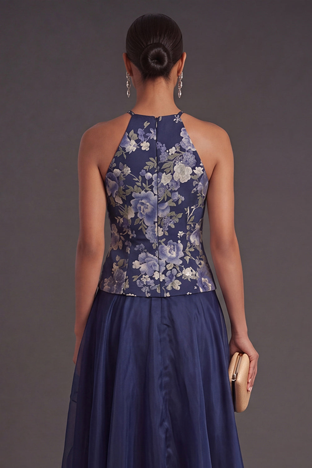 A Line Halter Neck Navy Floral High Low Wedding Guest Dress