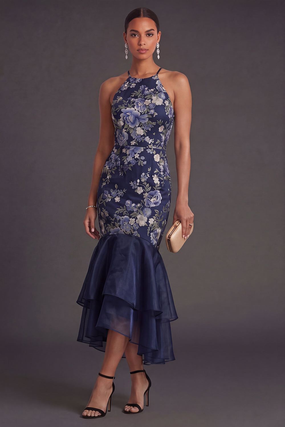 Halter Neck Navy Floral Mermaid Long Wedding Guest Dress