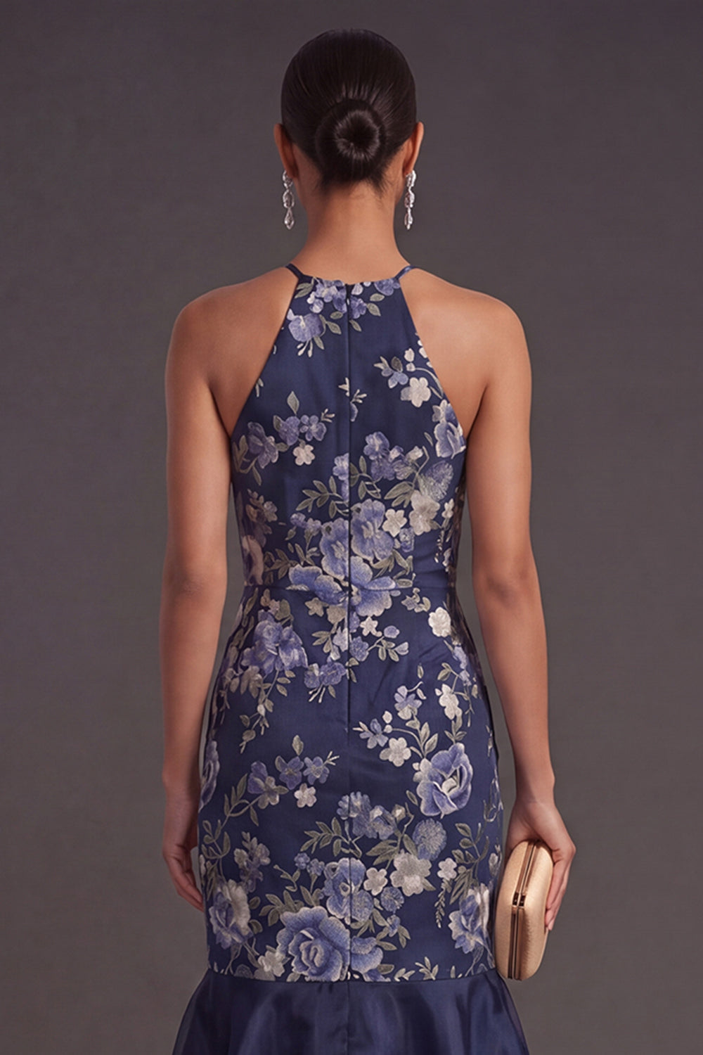 Halter Neck Navy Floral Mermaid Long Wedding Guest Dress