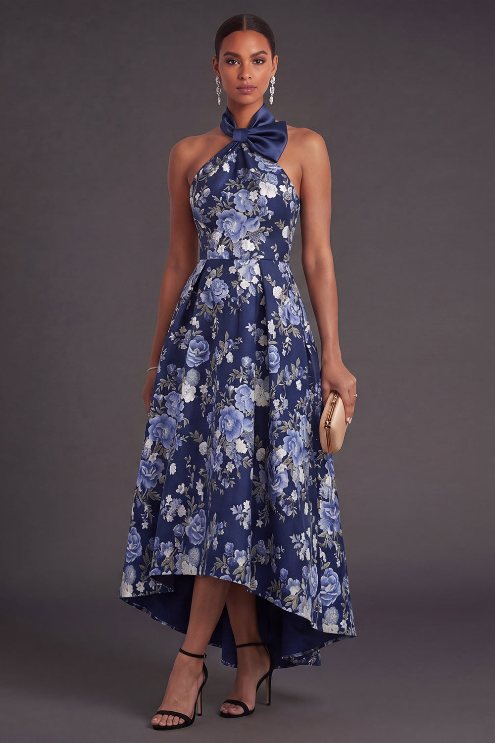 High Low A Line Navy Floral Wedding Guest Dress