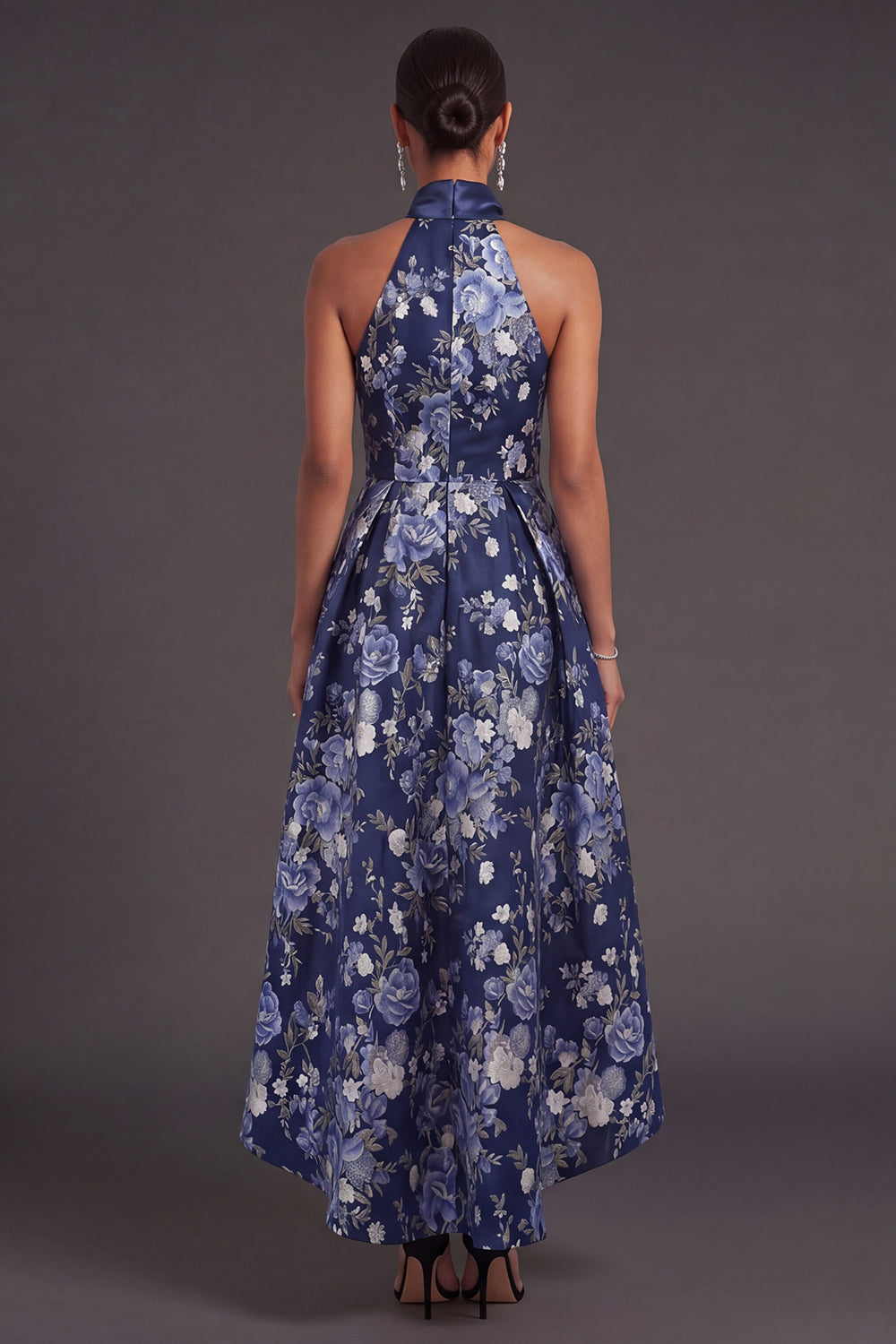 High Low A Line Navy Floral Wedding Guest Dress