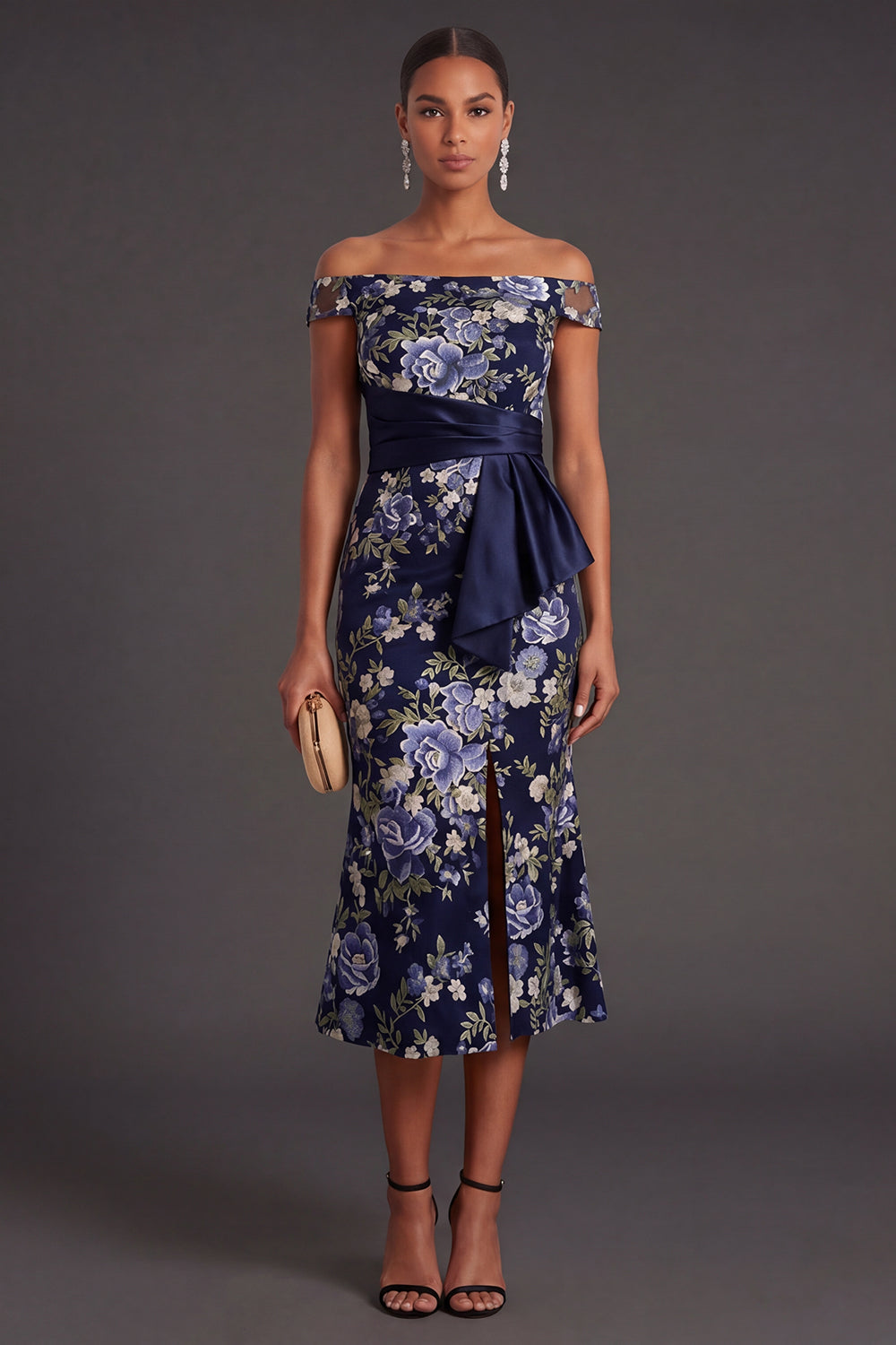 Navy Floral Off the Shoulder Midi Wedding Guest Dress with Slit