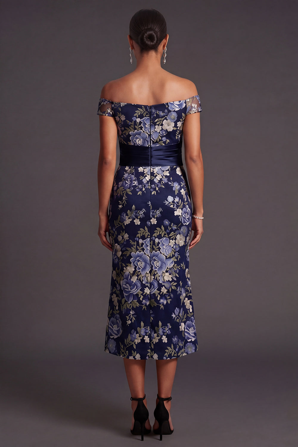 Navy Floral Off the Shoulder Midi Wedding Guest Dress with Slit