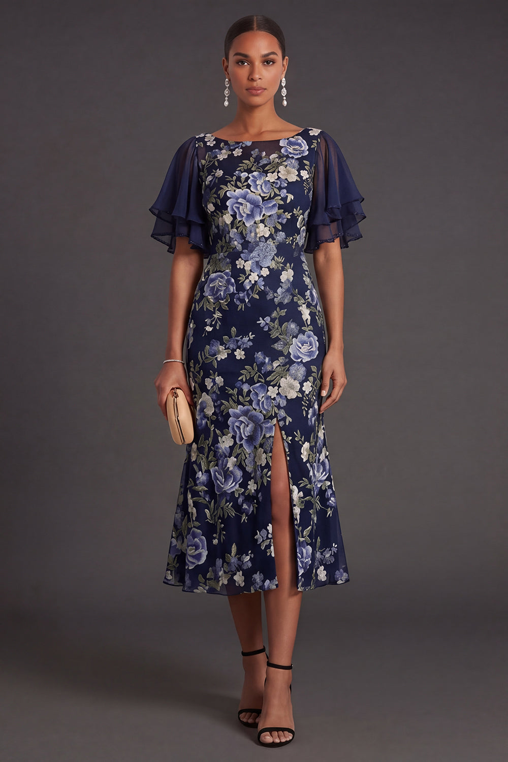 Mermaid Navy Floral Flutter Sleeves Midi Wedding Guest Dress with Slit