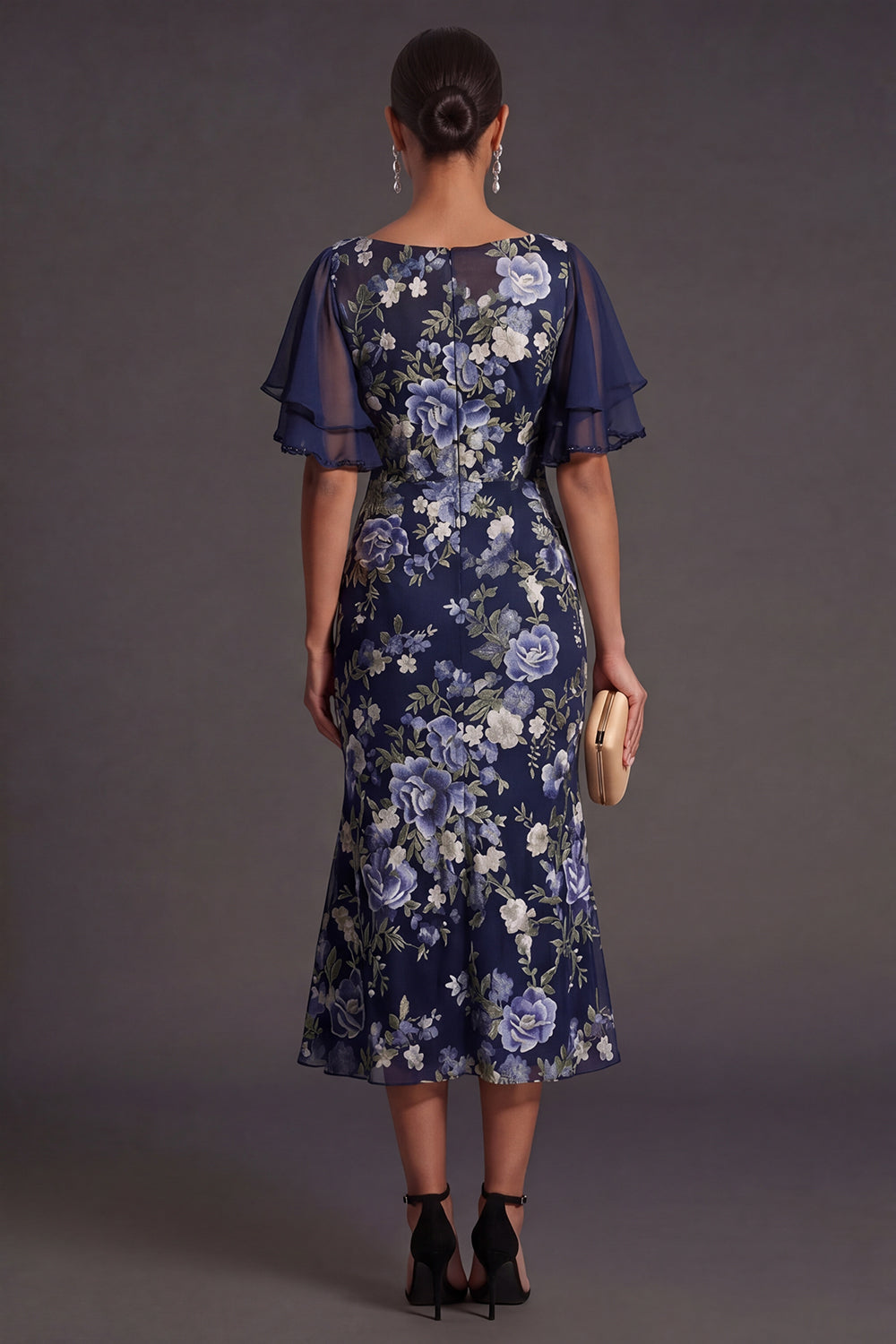 Mermaid Navy Floral Flutter Sleeves Midi Wedding Guest Dress with Slit