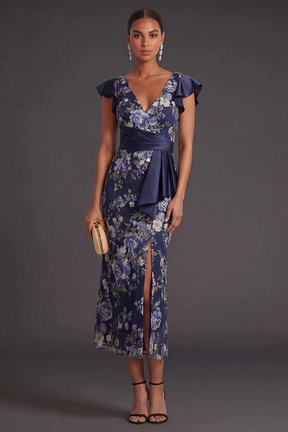 Mermaid Ruffled Navy Floral Long Wedding Guest Dress with Slit