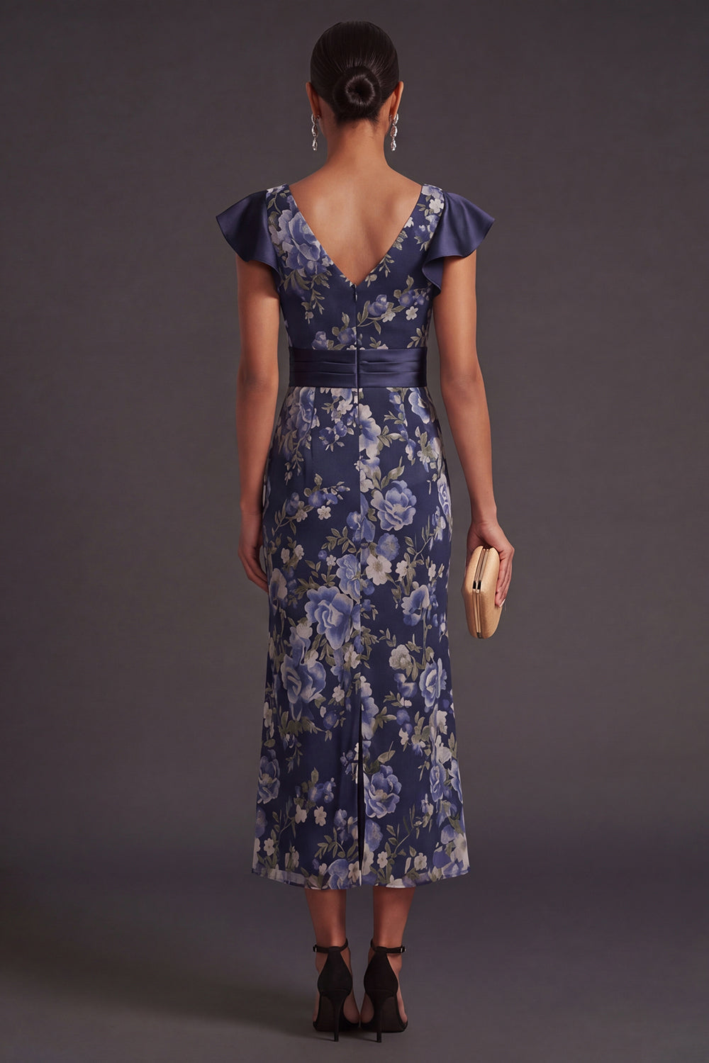 Mermaid Ruffled Navy Floral Long Wedding Guest Dress with Slit