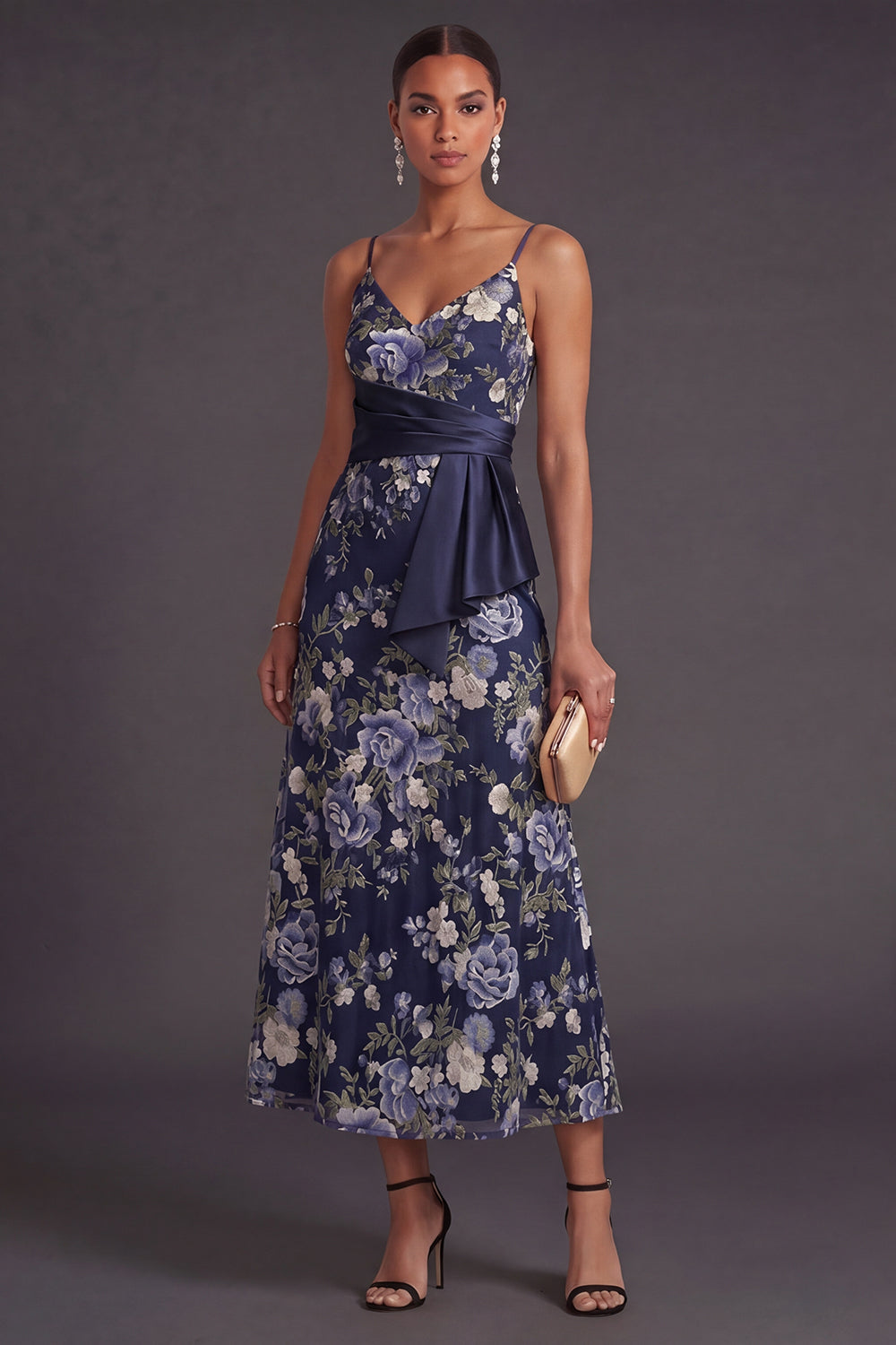 Spaghetti Straps Floral A Line Navy Long Wedding Guest Dress