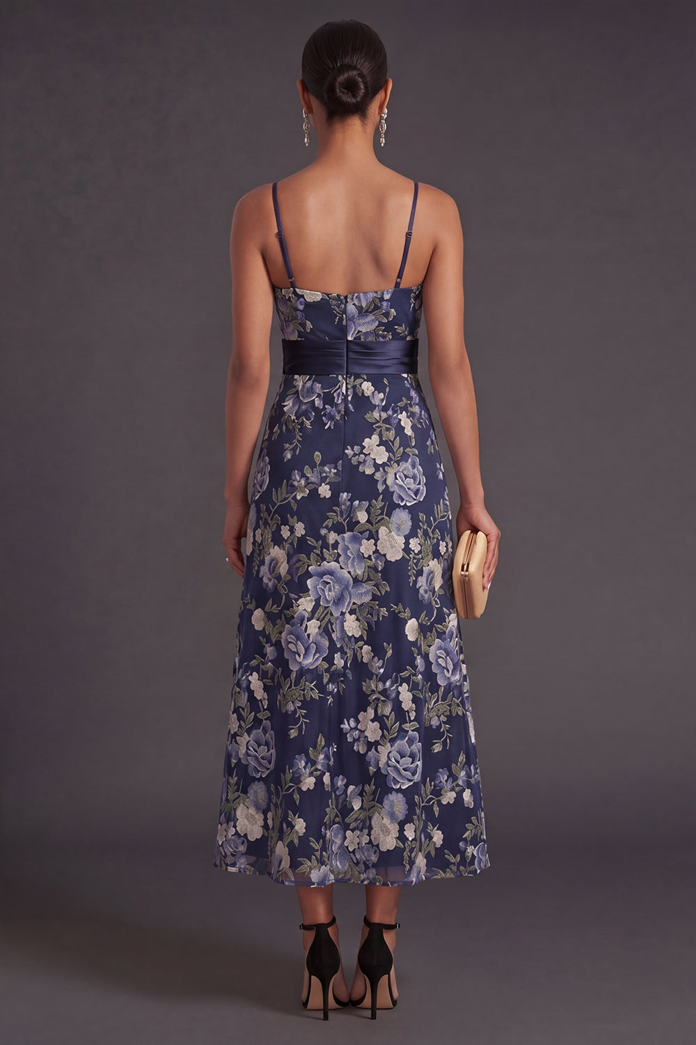 Spaghetti Straps Floral A Line Navy Long Wedding Guest Dress