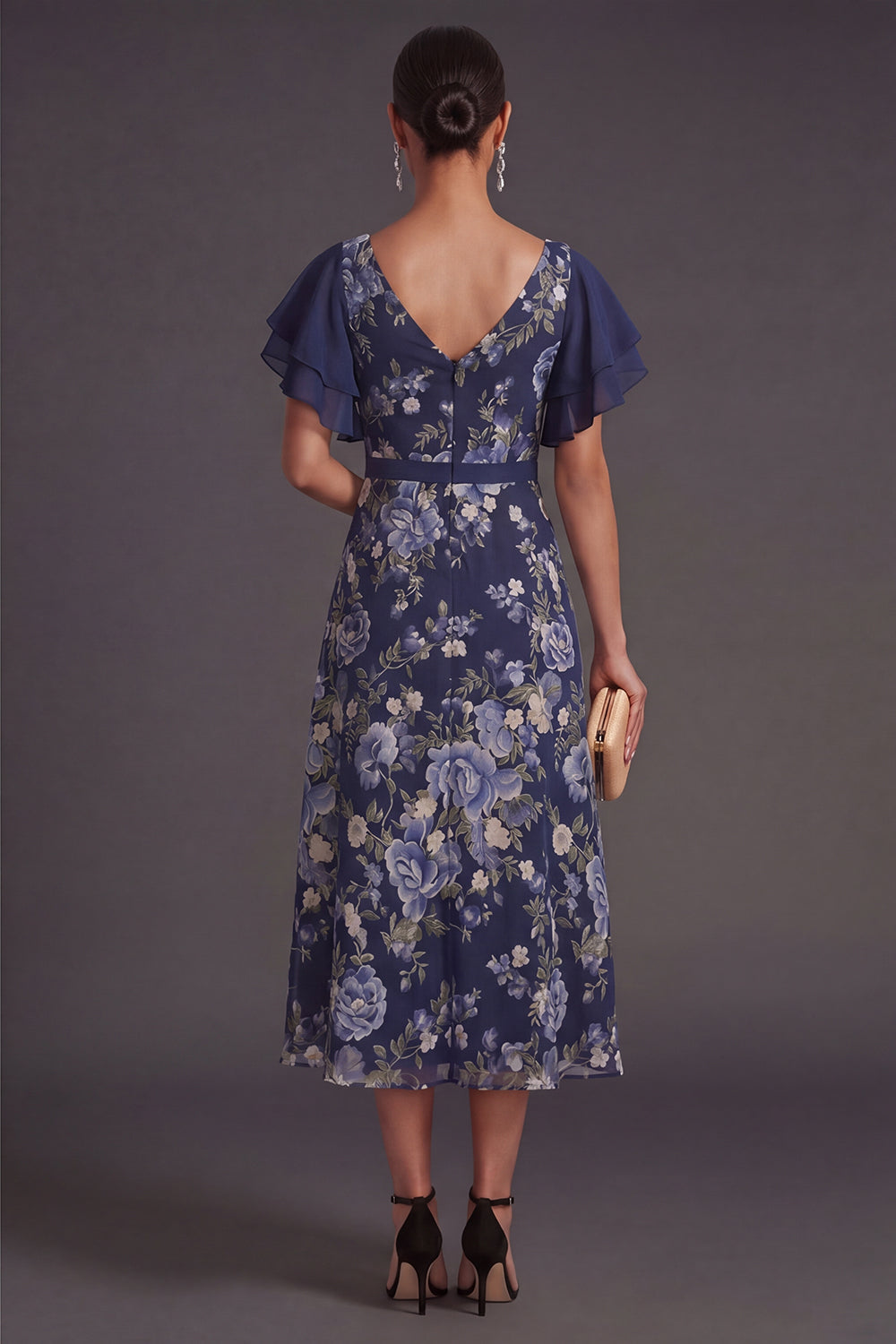 A Line V Neck Navy Floral Long Wedding Guest Dress
