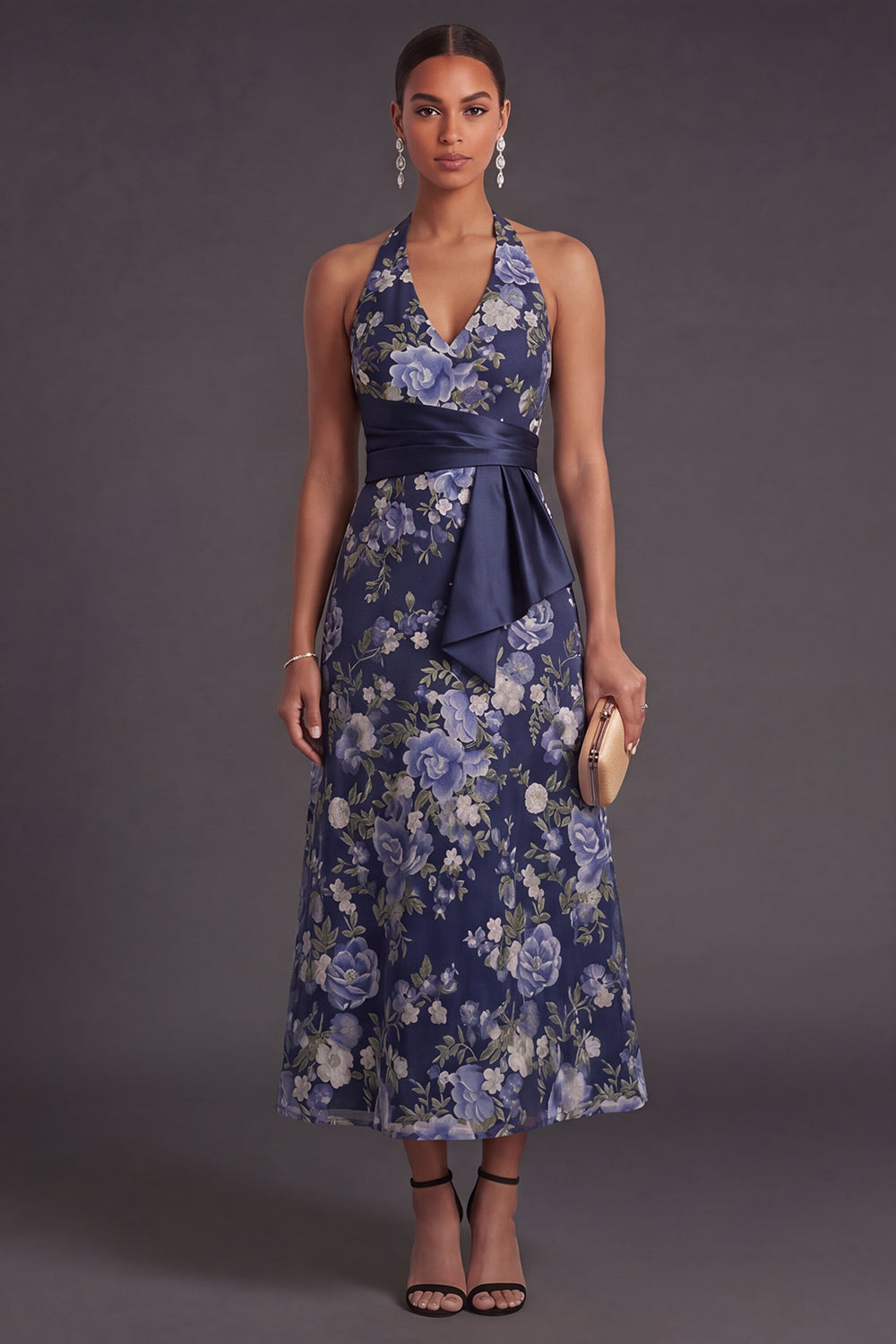 Navy Halter Neck A Line Long Floral Wedding Guest Dress