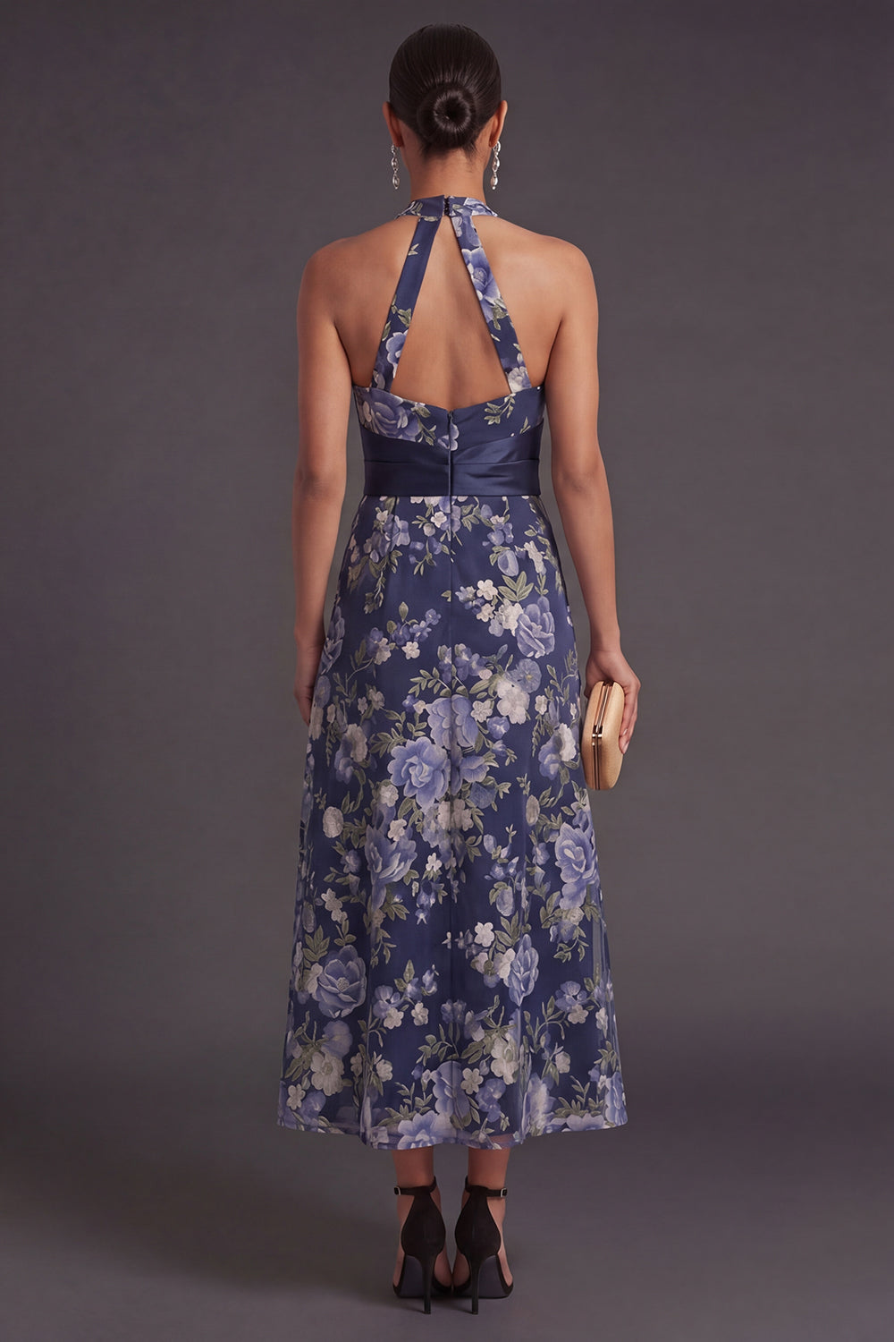 Navy Halter Neck A Line Long Floral Wedding Guest Dress