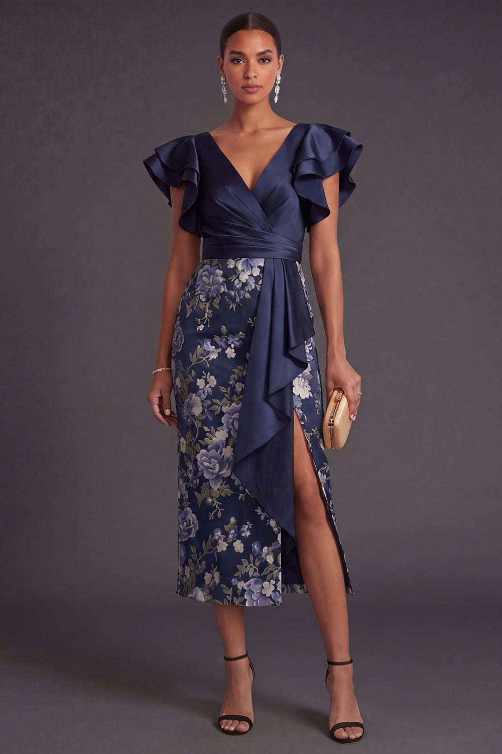 Sheath Navy Floral Ruffled Long Weeding Guest Dress with Slit