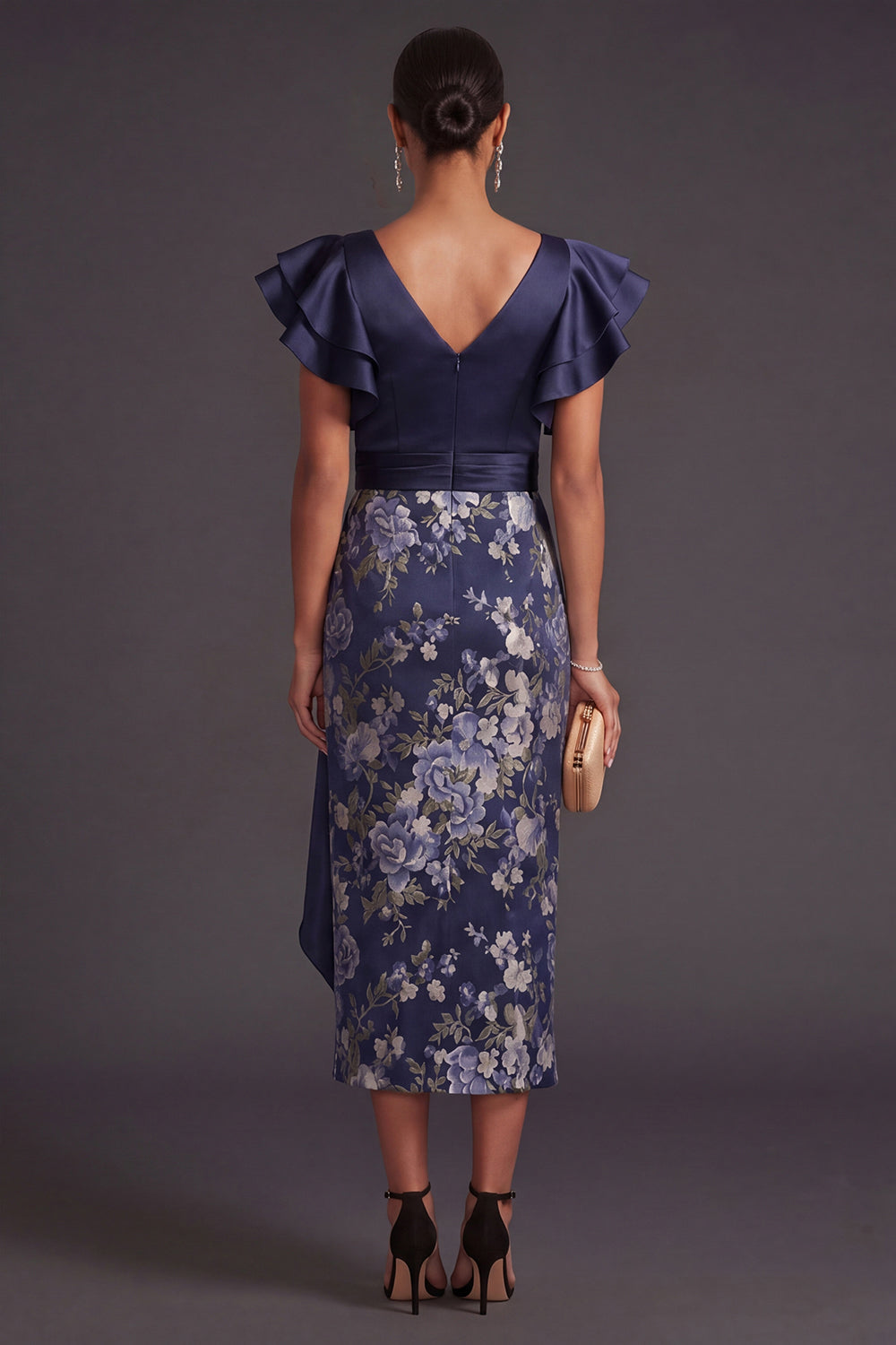 Sheath Navy Floral Ruffled Long Weeding Guest Dress with Slit