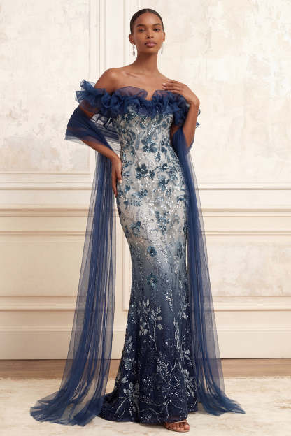 Leely Women Sparkly Mermaid Floral Navy Long Prom Dress Off the Shoulder Backless Pageant Dress